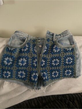 wild fable Light Blue Denim Shorts with Blue Crochet Panels